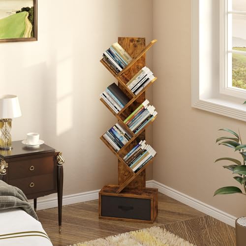 Rolanstar 7 Tier Bookshelf with Drawer, Tree Bookshelf, Small Bookshelves with Storage Rack for CDs/Movies/Books, Standing Book Shelf, Tall Narrow Bookcase for Living Room, Bedroom, Rustic Brown image 4