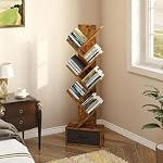 Rolanstar 7 Tier Bookshelf with Drawer, Tree Bookshelf, Small Bookshelves with Storage Rack for CDs/Movies/Books, Standing Book Shelf, Tall Narrow Bookcase for Living Room, Bedroom, Rustic Brown - Image 4