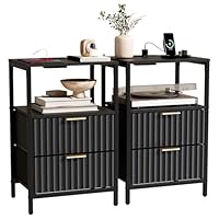 Bonnlo Bedside Table with Charging Station, Grille Nightstand with USB, Type-C and Plug, Small End Tables with 1 Shelf, 2 Fabric Drawers and Cabinet,38×30×60cm Bedside Cabinet (2, Black)