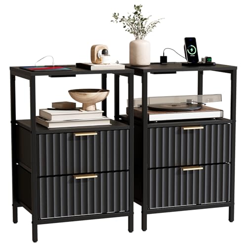 Bonnlo Bedside Table with Charging Station, Grille Nightstand with USB, Type-C and Plug, Small End Tables with 1 Shelf, 2 Fabric Drawers and Cabinet,38×30×60cm Bedside Cabinet (2, Black)