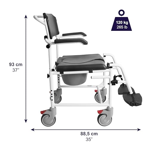 KMINA Toilettenstuhl mit Rollen für Senioren Schwarz, Fahrbarer Duschstuhl aus Aluminium, Multifunktionaler Nachtstuhl mit klappbaren Armlehnen, Duschrollstuhl bis 120 kg - Modell PRO