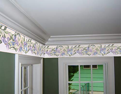 Prepasted Wallpaper Border - Purple Blue Flowers On Vine Scalloped Floral Wall Border Retro Design, Roll 15 Ft. X 7 In. #TOP1
