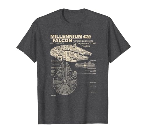 Star Wars Classic Millennium Falcon Freighter Schematic T-Shirt, Men, Dark Heather Grey, Small