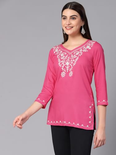 Image of QAZMI Women's Resham Embroidered Kurti |Elegant Design,3 /4 Sleeves, Sweet Heart Neck