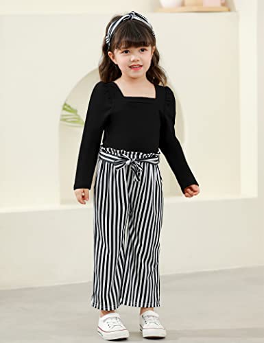 Ribabz Toddler Girl Clothes, 5-6T Toddler Clothes Square Neck Puff Long Sleeve Top + Striped Pants + Headband 3Pcs Girls Outfit Set #TOP1
