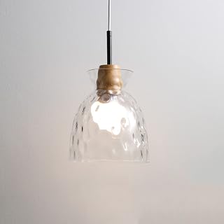 Designer Japanese Retro Chandelier, E27*1 Light Hanging Light Fixture, Bedroom Bedside Lamp with Hammered Clear Glass Shade, Ash Wood Trim Adjustable Long Line Pendant Lighting
