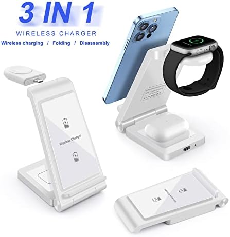 FDGAO 3 in 1 Wireless Charger 15W Wireless Charging Stand Station Foldable For Apple Watch Series 8/7/6/5/4/3/2/SE, AirPods Pro/3/2, iPhone 14/13/12/14 Pro/Pro Max/11/XS/8 (No AC Adapter)