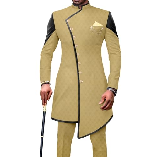 Image of Ourmoon African Clothes for Men Dashiki Casual Shirt and Pants 2 Piece Set Formal Suit Traditional Clothing Fashion Tracksuit(Yellow,5X-Large)