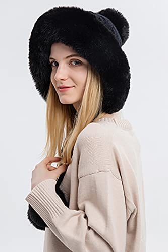 Dawfold Women Knit Beanies Hats Winter Peruvian Cover Ears Faux Fur Crochet Skull Cap With Pompom Fluffy Fleece Lined Black #TOP4