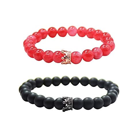 UEUC Distance Couple King and Queen Crown Bracelets, His Friendship, 8mm Beads, Bangle Bracelet, Stone Cover
