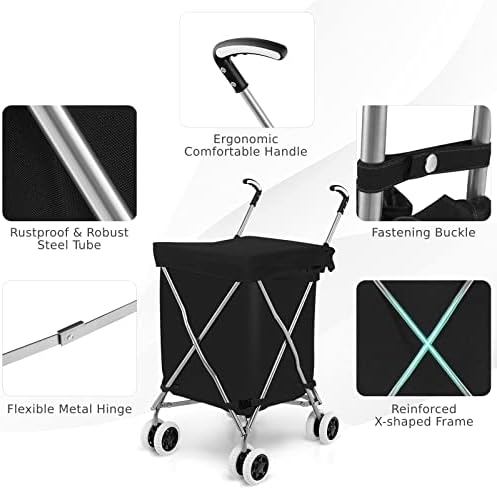 COSTWAY 90L Folding Shopping Trolley, 8-Wheel Large Utility Push Cart with Removable Waterproof Bag and Cover, Metal Lightweight Rolling Grocery Trolley for Mobility (Black)