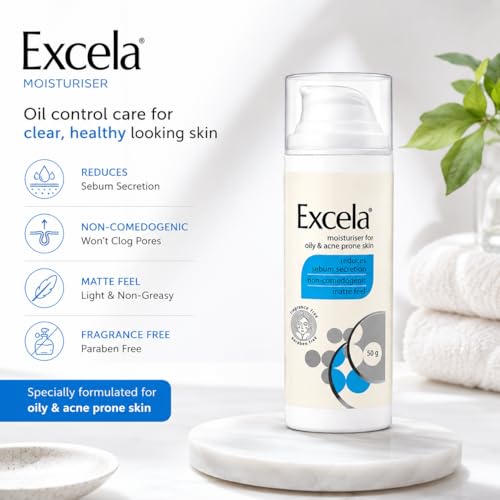 Image of Excela Moisturiser for Oily & Acne Prone Skin, Matte Feel, Non-Comedogenic, Fragrance Free, 50g