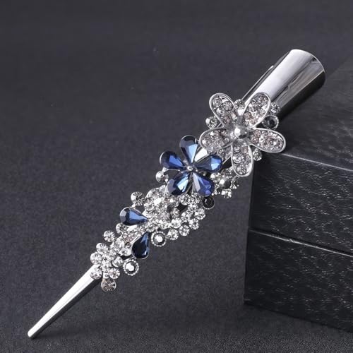 くちばしクリップ ヘアクリップ ダッカールクリップ 前髪 クリップピン ヘアアクセサリー おしゃれ キラキラ ヘアピン お花 ピン 髪飾り 頭飾りアクセサリー 2本入 (ホーンクリップ - フラワースタイル - ダークブルー)