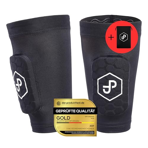 JDP Premium espinilleras 3 en 1, Medias con espinillera integrada para fútbol Hombre, Protectores de espinilla con Calcetines de fútbol incluidos, espinilleras de fútbol, Talla M Negro
