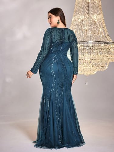 Image of Plus Size Long Sleeve Sequin Evening Dress Glitter Mermaid Long Gown for Mother of The Bride Or Wedding Guest