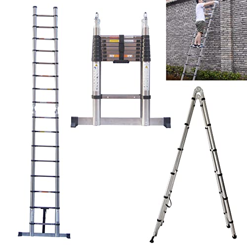 5M / 2.5M+ 2.5M Foldable Ladders A Frame Telescopic Stainless steel Extendable Extension 16 Steps150kg Max. Capacity Multipurpose Climb Ladder Portable Loft Attic for Business Home Work DIY Builder
