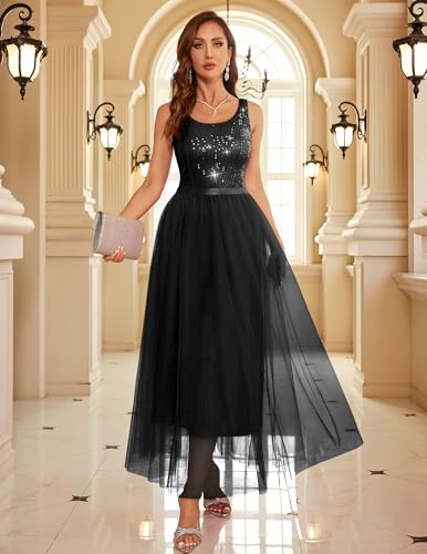 BeryLove Sequin Dress for Woman Vintage A Line Wedding Formal Swing Mesh Dress Sleeveless Cocktail Maxi Gowns3