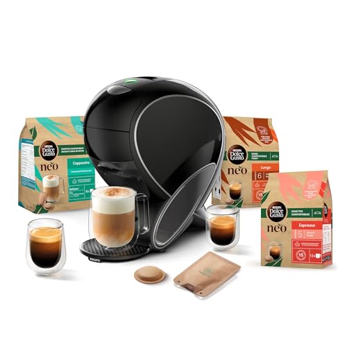 Dolce Gusto NEO Coffee Machine by Krups, Machine à café + 3 boites de dosettes compostables (Espresso, Lungo, Cappuccino), Cafetière multi-boissons connectée YY5242FD