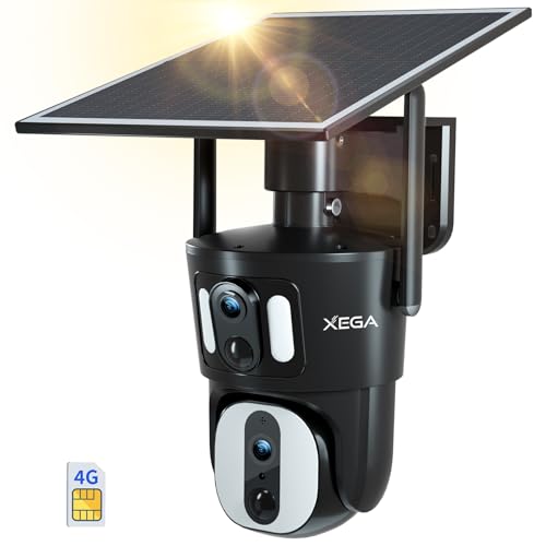 Xega 4G LTE Telecamera Solare Esterno Collegamento a doppia lente con SIM Scheda 1080P Vista a 360° Doppio Schermo Visione Notturna a Colori Audio Bidirezionale IP66 Impermeabile