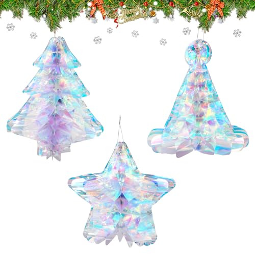 LOKIPA 3 PCS Christmas Iridescent Decoration，Christmas Hanging Ornaments Iridescent Foil Star Honeycomb Ball for Xmas Tree Decor New Years Party