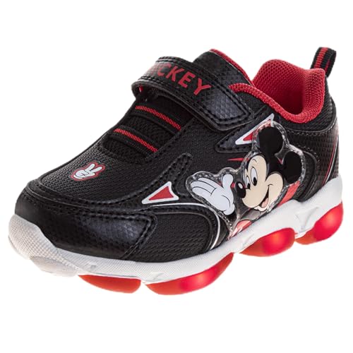 Josmo Kids Mickey Mouse Sneakers LED Light Up Shoes - Cartoon Mickey Shoes Laceless Breathable Athletic Sneakers for Boys - Red Black (Size 12 Little Kid)