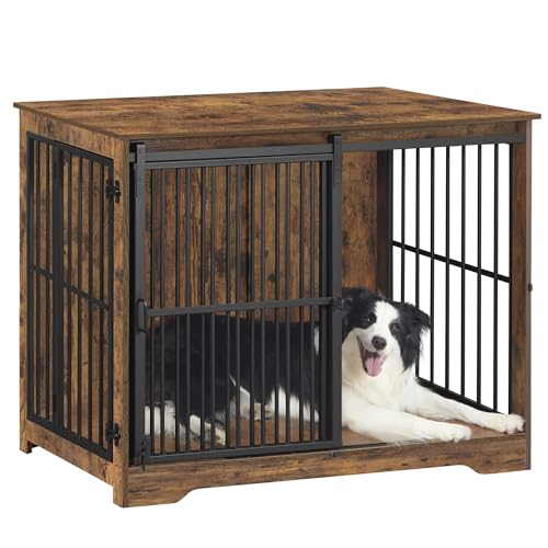 Hzuaneri 110cm Gabbia per Cani, Tavolo Supplemento, Nicchia Moderna per Cani, Gabbia per Cuccioli, Casetta per Animali, 2 porte, 65 × 110 × 81 cm, Marrone Rustico DFC84401B