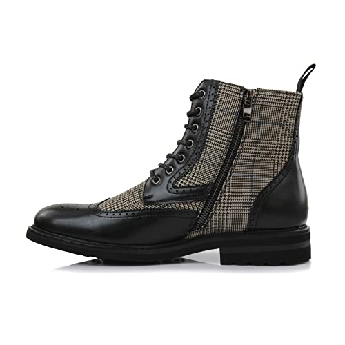 Polar Fox Manchester Men's Wingtip Brogue Boot | Mixed-Media Dress Boot with Plaid Fabric and Side Zipper | MPX806076 | in Black Plaid, Size 9 - Thumbnail 4