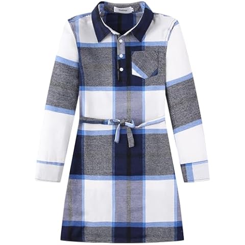 Aimehonpe Girls Button Down Long Sleeve Plaid Fall Fashion Checked Dress, BlueWhite, Small Cover