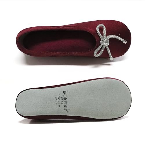 isotoner Women's Stretch Satin Ballerina Slippers with Sequin Bow, Suede Sole, and Terry Lining, Chili, One Size3