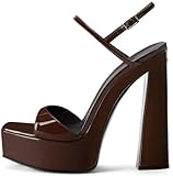 CNNOVALY Women's Platform Sandals Chunky Block Heel Open Peep Square Toe Dress Sexy Summer Patent Leather High Heels for Women Brown, 7 US