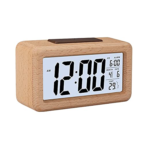 GINZER Relógio despertador digital de madeira, ecrã LED grande, relógio despertador de grão de madeira, sensor inteligente de luz noturna, repetição e temperatura, escritório, mesa de cabeceira