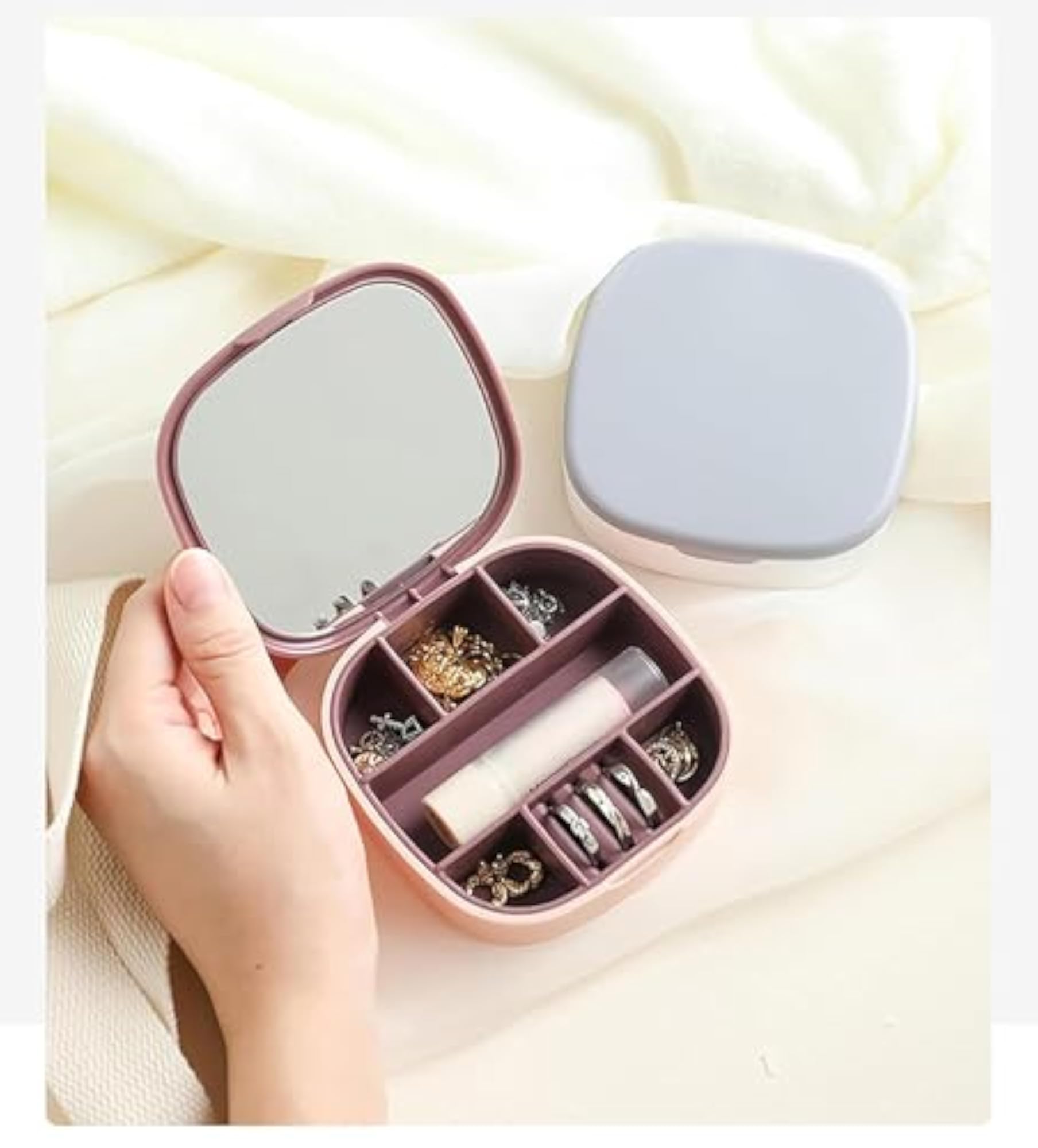 Mini Travel Jewelry Case, 7 Grids Organizer with Mirror