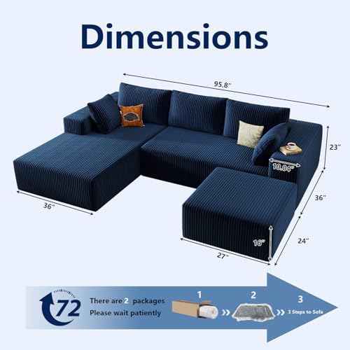 Image of 96 inch Modular Sectional Sofa with Ottoman, Modern Corduroy Cloud Couch with Deep Seat, Boneless Couch Upholstered 3-Seater U-Shaped Sofa for Living Room, No Assembly (Blue, Left-Facing Chaise)