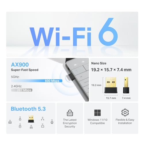 TP-Link Archer TX10UB Wi-Fi 6 AX900 Buletooth WLAN Stick Für PC, 𝐁𝐥𝐮𝐞𝐭𝐨𝐨𝐭𝐡 𝟓.𝟑 Dual Band WLAN Adapter, Nano Größe, WPA3, MU-MIMO… – Ansicht 4