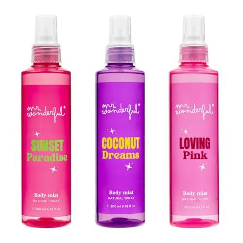 MR WONDERFUL - Bruma Corporal Perfumada 3 x 200 ml, Sunset Paradise, Loving Pink y Coconut Dreams, Body Mist, Aroma Floral Frutal, Fragancia Fresca, Fácil de Aplicar, Secado Rápido, Formato Spray