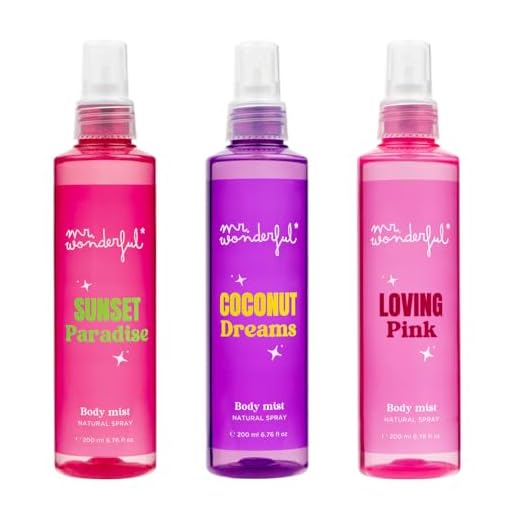 MR WONDERFUL - Bruma Corporal Perfumada 3 x 200 ml, Sunset Paradise, Loving Pink y Coconut Dreams, Body Mist, Aroma Floral Frutal, Fragancia Fresca, Fácil de Aplicar, Secado Rápido, Formato Spray