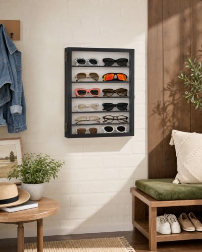 Image of TJ.MOREE Sunglasses Organizer Storage Wall Mounted: 13 x 15.6 inches Eyewear Display Case 6 Tier Rustic Wood Eyeglasses Holder Large Glasses Storage Box,Black