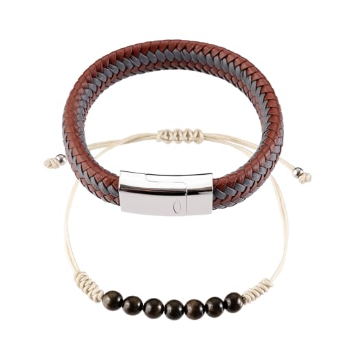 La Mejor Lista de Cuero Cafe disponible en línea. 49 Omky Set Pulseras para Hombre | Brazaletes cuero trenzado gris/café cierre magnético acero inoxidable | Hilo ajustable acero inoxidable