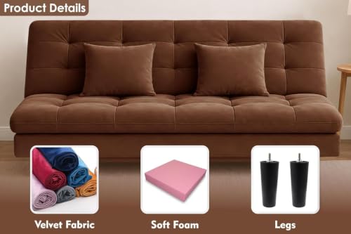 Image of Velvet Fabric Wooden 3-Seater Apsen Sofa Bed with Tufted Couch with Adjustable Backrest- Living Room Furniture-Brown-Color