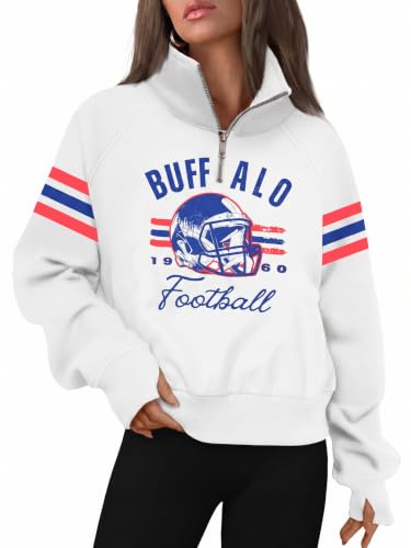 BANGELY Football Sweatshirt Women Game Day Shirt Football Team Fan Pullover Football Season Quarter Zip Long Sleeve Cropped Tops White