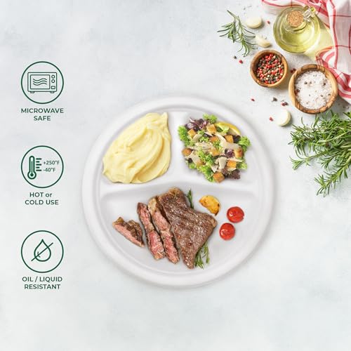Image of Freshware Paper Plates - Disposable 10 inch Plate, 150-Pack, Biodegradable Sugarcane Dinner Plates - Heavy Duty Dinnerware - Microwave & Freezer Safe, Stackable Dinnerware - 3-Compartment