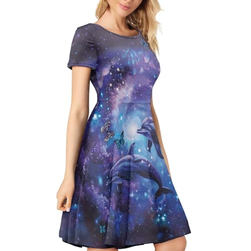 Image of HUGS IDEA Womens Puffy Swing Midi Dress Round Neck Short Sleeve Party A-Line Dresses