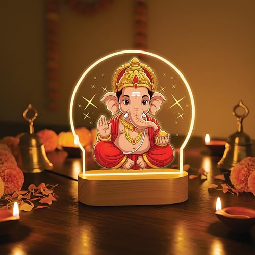 Image of Giftplease Lord Ganesha Printed LED Night Light - Vibrant Ganpati Bappa Desk Lamp with Warm Glow - Divine Home Decor for Pooja Room, Office, & Spiritual Gifting GL 04