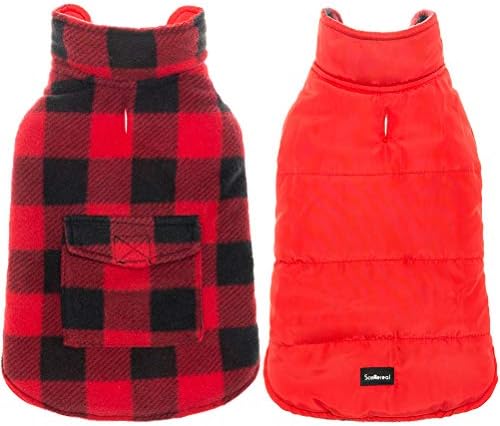 SCENEREAL Dog Winter Clothes Reversible Jacket Warm Coat Windproof Waterproof Plaid Vest Christmas Suit for Small Medium Large Dogs Pets Cold Weather Wearing