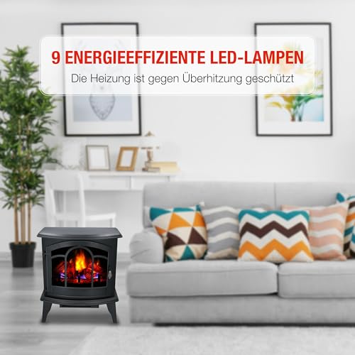 alpina Vicenza Elektrokamin mit Heizung – Elektroheizung 2000W - Kaminofen mit Heizung, Fernbedienung und Timer - Elektroherd mit LED-Flammen - Freistehend - Schwarz, 1800W