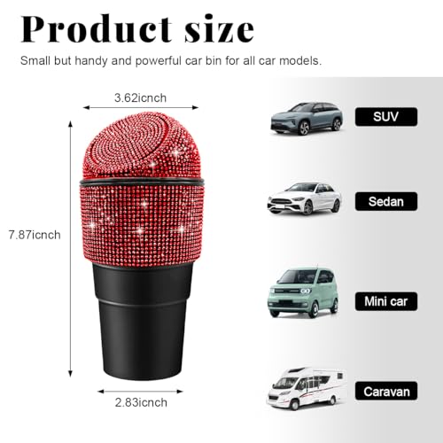 Image of Yourkar Bling Car Trash Can with Lid, Sparkling Crystal Auto Garbage Can with Leak-Proof Lid, Multipurpose Waterproof Trash Bin for Automotive Home Office Kitchen Bedroom (Red)