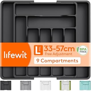 Lifewit Extendable Cutlery Drawer Organiser, Adjustable Cutlery Tray, Utensil Holder for Forks, Spoons, Knives, Plastic Kitchen Organiser and Storage, 9 Compartment, 33-57 x 38cm, Black