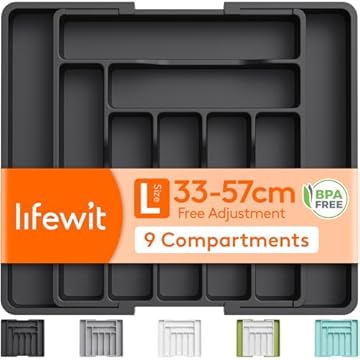 Lifewit Extendable Cutlery Drawer Organiser, Adjustable Cutlery Tray, Utensil Holder for Forks, Spoons, Knives, Plastic Kitchen Organiser and Storage, 9 Compartment, 33-57 x 38cm, Black