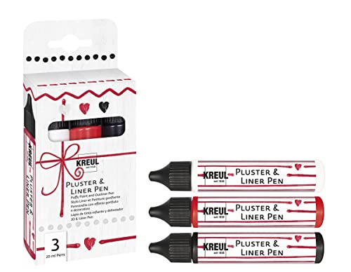 KREUL 49830 - Pluster & Liner Pen 3 x 29 ml in weiß, erdbeere und schwarz, Plusterfarbe zum Dekorieren und Verzieren, 3D Dekoeffekte durch Aufplustern im Backofen, mit Bügeleisen oder Fön