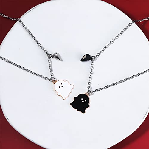 2Pcs Lovely Magnetic Love Heart Ghost Pendant Necklace Set for Women Men Best Friend Enamel Mutual Attract Magnet Couple Matching Necklace Halloween Jewelry Birthday Gift3